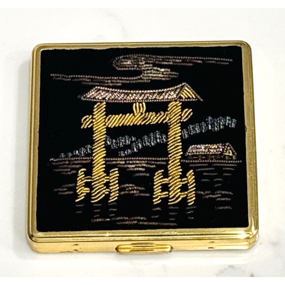 Vintage Compact Mirror Japan Black Velvet Beaded Gold Tone New Light - Picture 1 of 16